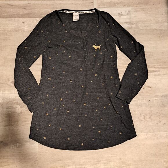 Victoria's Secret Black Thermal Gold Star "I've Been Good(ish)" Sleep Gown Sz XS - Picture 1 of 8